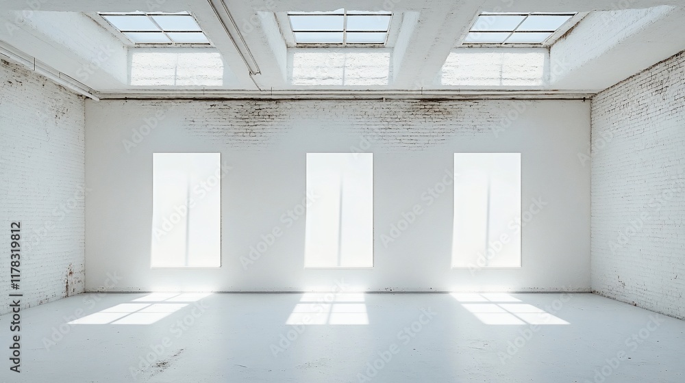 Poster sunlit empty white room with three large windows and skylights, showing textured walls and floor.