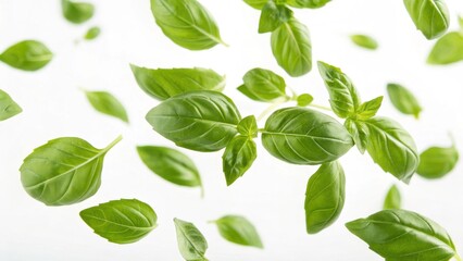 Fototapeta premium Fresh basil leaves floating against a light background, emphasizing freshness and culinary use. White background