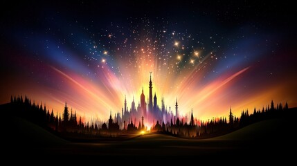 A vibrant castle silhouette against a colorful starry sky.