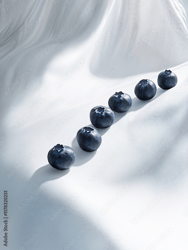Poster six blueberries arranged in a diagonal line on a white, silky fabric, illuminated by soft sunlight.