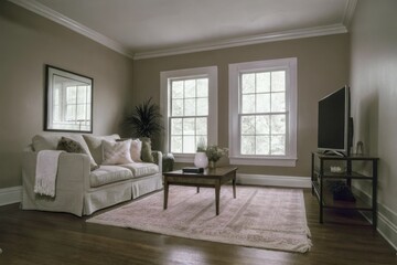 Cozy minimalist living room with natural light and modern decor
