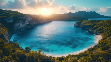 Serene coastal landscape at sunset with clear blue waters and lush greenery.