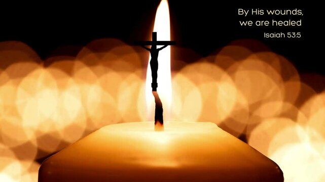 Ultra HD 4K video animation of a flickering flame, Jesus on the Cross and Isaiah bible verse for healing paraphrased from Old Testament, Christian easter background, spirituality, religious background