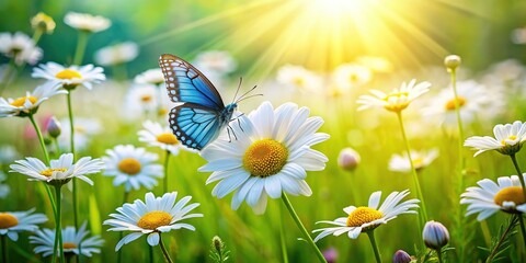 Blooming flowers, vintage daisy field, butterfly blue, sunny day.