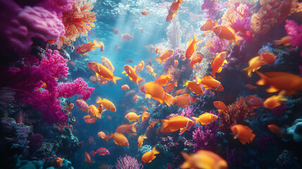 Naklejka premium A vibrant school of fish swimming through a coral reef, with their bodies blending into abstract bursts of underwater color and light. 