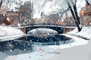 Winter city park with snowy bridge
