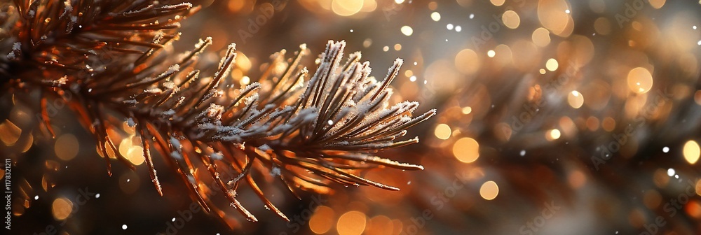 Aufkleber snow-covered pine branch with bokeh lights.
