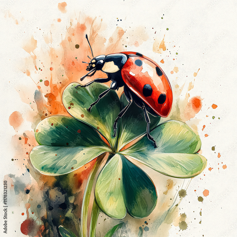 Poster ladybug is on a green leaf that is part of a four leaf clover.