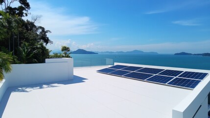 Obraz premium Rooftop solar panels overlooking a serene ocean view.
