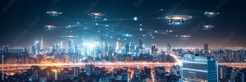 Poster Night cityscape with multiple drones connected by network.