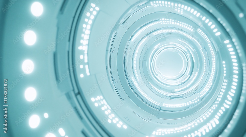 Poster Abstract futuristic tunnel with glowing lights and circular patterns.