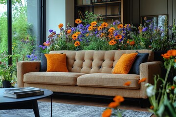 Obraz premium European-style brown fabric three-seater sofa with black studded armrests, single-seat sofas, coffee table with books, flowers, and plants in a clean, simple living room.