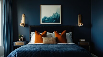Elegant Navy Blue Bedroom Interior Design with Gold Accents