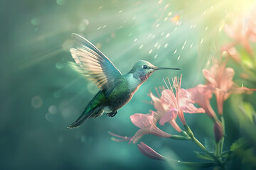 Graceful Hummingbird in Mid-Air, Capturing Nature's Intricate Beauty with Vibrant Feathers and Delicate Flower Nectar