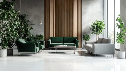 Modern minimalist waiting area with green and gray sofas, wood wall, and plants.