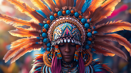 Obraz premium A vibrant tribal costume featuring intricate beadwork and natural elements, embodying the rich heritage and spirit of indigenous festivals. 