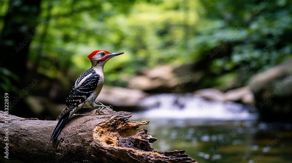 Poster red-crowned woodpecker perched on a log by a cascading stream in a lush green forest.