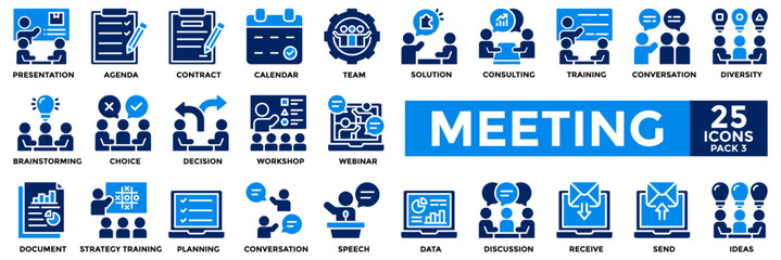 Meeting icon collection set. Containing presentation, agenda, team, solution, discussion, consulting and brainstorming icon. 