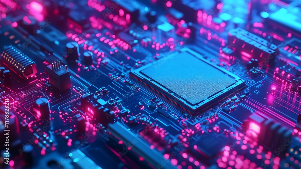 Poster close-up of a central processing unit (cpu) on a circuit board with vibrant neon lighting.