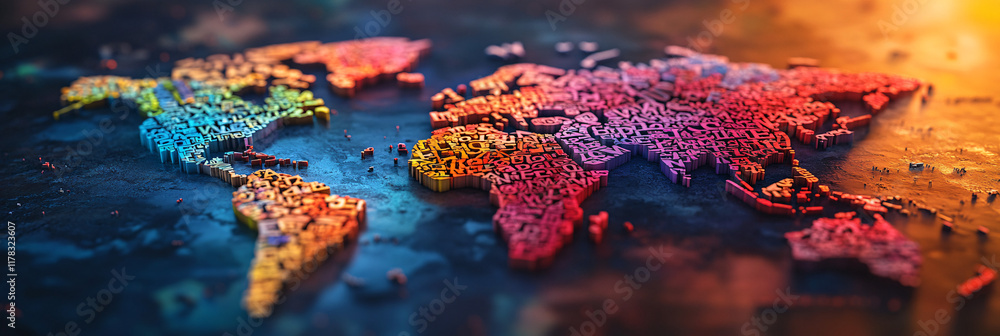 Poster a vibrant world map made of letters, each continent filled with words from various languages, symbol