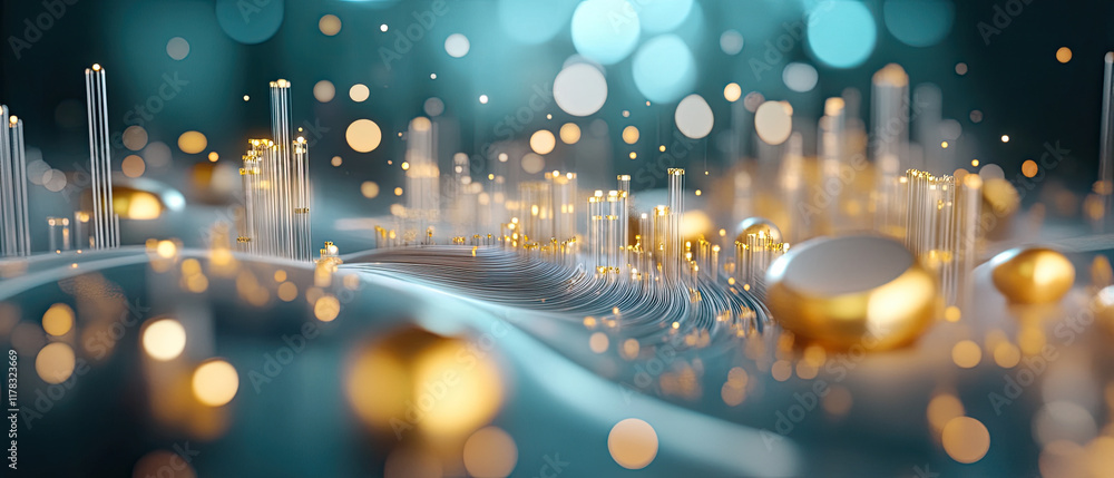 Wall mural abstract golden shapes and glowing particles create mesmerizing scene