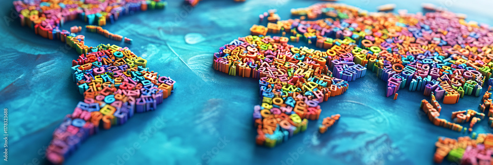 Poster a vibrant world map made of letters, each continent filled with words from various languages, symbol