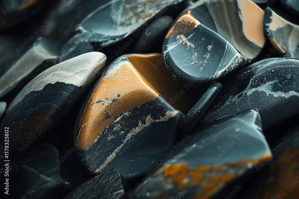 Poster Close-up of polished black and gold stones, showing intricate patterns and textures.