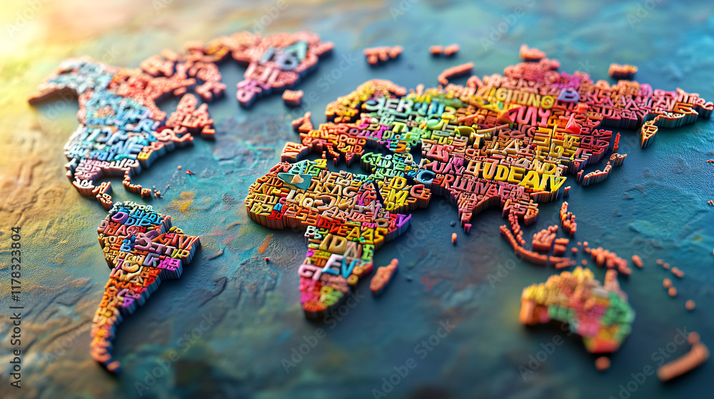 Poster a vibrant world map made of letters, each continent filled with words from various languages, symbol