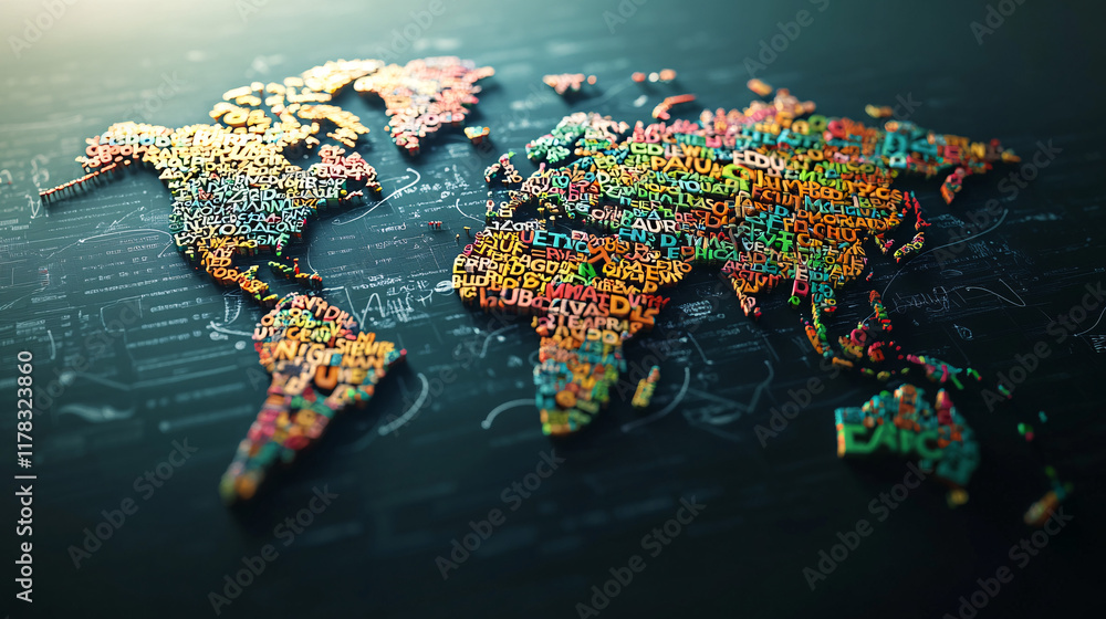 Poster a vibrant world map made of letters, each continent filled with words from various languages, symbol