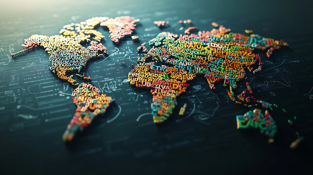 A vibrant world map made of letters, each continent filled with words from various languages, symbolizing global communication through language learning.  