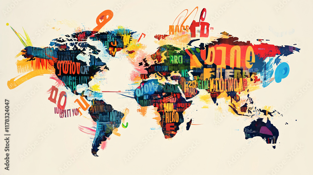 Poster a vibrant world map made of letters, each continent filled with words from various languages, symbol