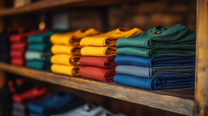 Naklejka premium A neatly arranged display of colorful folded shirts on wooden shelves in a retail setting.