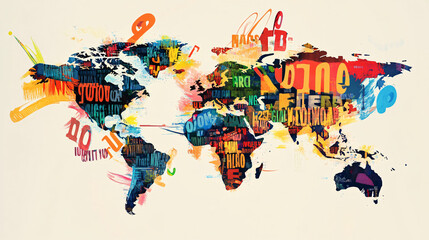 A vibrant world map made of letters, each continent filled with words from various languages, symbolizing global communication through language learning. 