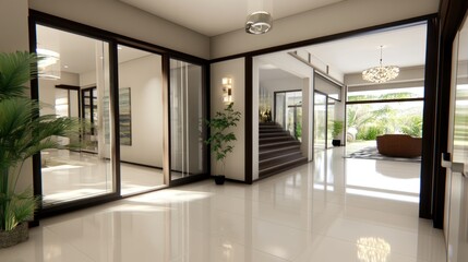 Modern interior entrance with glass walls and elegant design.