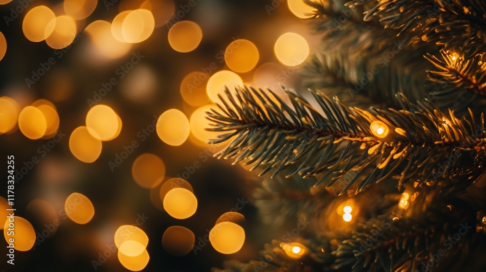 Aufkleber close-up of a decorated christmas tree branch with warm bokeh lights in the background.