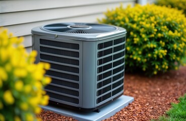 Outdoor HVAC unit installed beside bush with yellow flowers. Modern air conditioning system. Modern technology. Home equipment. Ventilation system. Exterior unit. Efficient cooling. Cooling system.