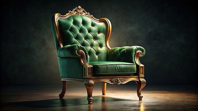 Dark room, royal velvet chair, tilt-shift effect, luxurious scene.