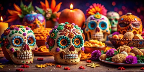 Day of the Dead sugar skull treats.  Deliciously decorated food, artistic mockup.