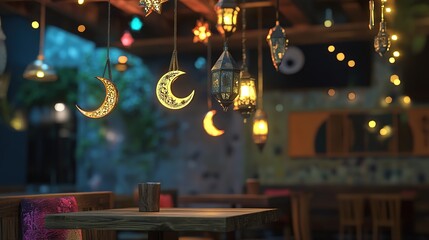  Ramadan Kareem holiday design featuring glowing hanging lanterns and a crescent moon, symbolizing the spirit of peace and spirituality, set against a serene and elegant backdrop.