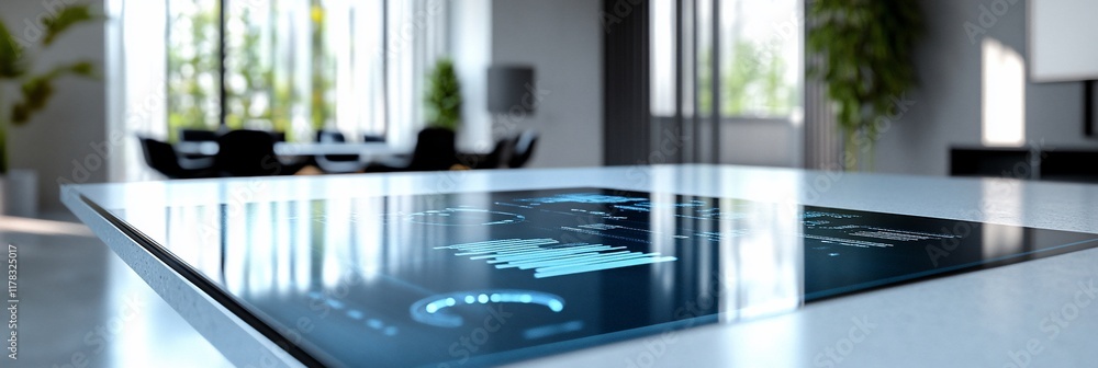 Poster futuristic interactive glass display on modern table in stylish office.