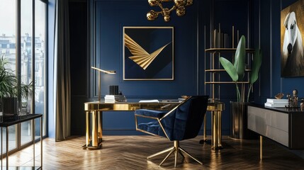 Luxurious Gold and Blue Home Office Interior Design
