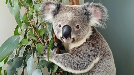 Obraz premium A koala perched on a eucalyptus tree, showcasing its natural habitat.