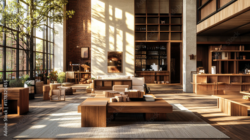 Poster a warm, inviting space filled with handmade furniture, showcasing unique designs and craftsmanship t