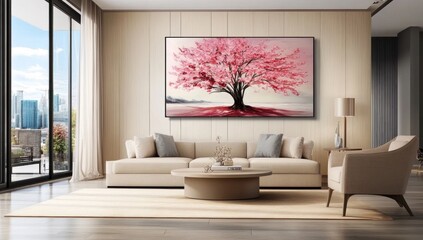 Pink blossom tree canvas art in modern living room.
