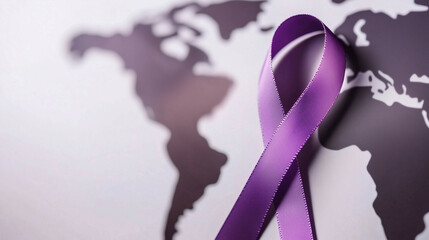 A blurred world map, one purple color ribbon international awareness symbol, cancer day, spaces for text, no lights, no drops