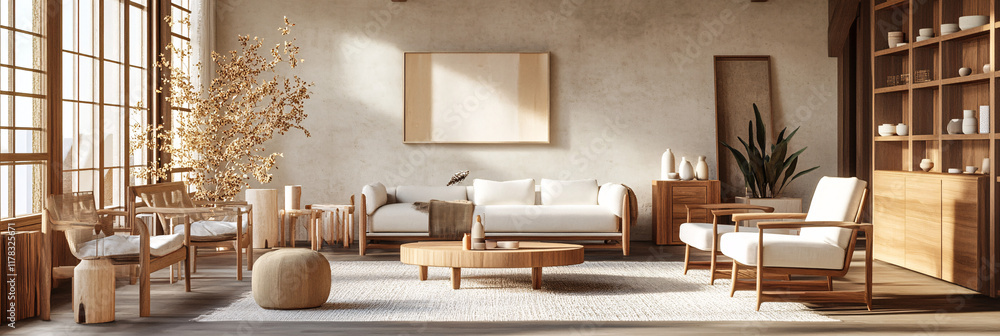 Poster a warm, inviting space filled with handmade furniture, showcasing unique designs and craftsmanship t