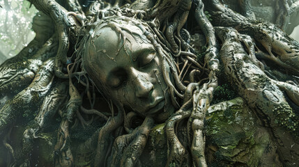 Fototapeta premium Head is covered in vines and moss