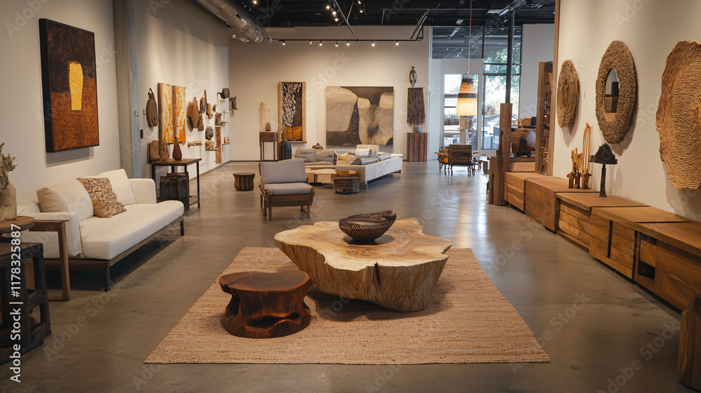 Poster a warm, inviting space filled with handmade furniture, showcasing unique designs and craftsmanship t