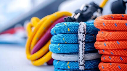 Colorful nautical ropes neatly coiled and stacked on a boat deck.