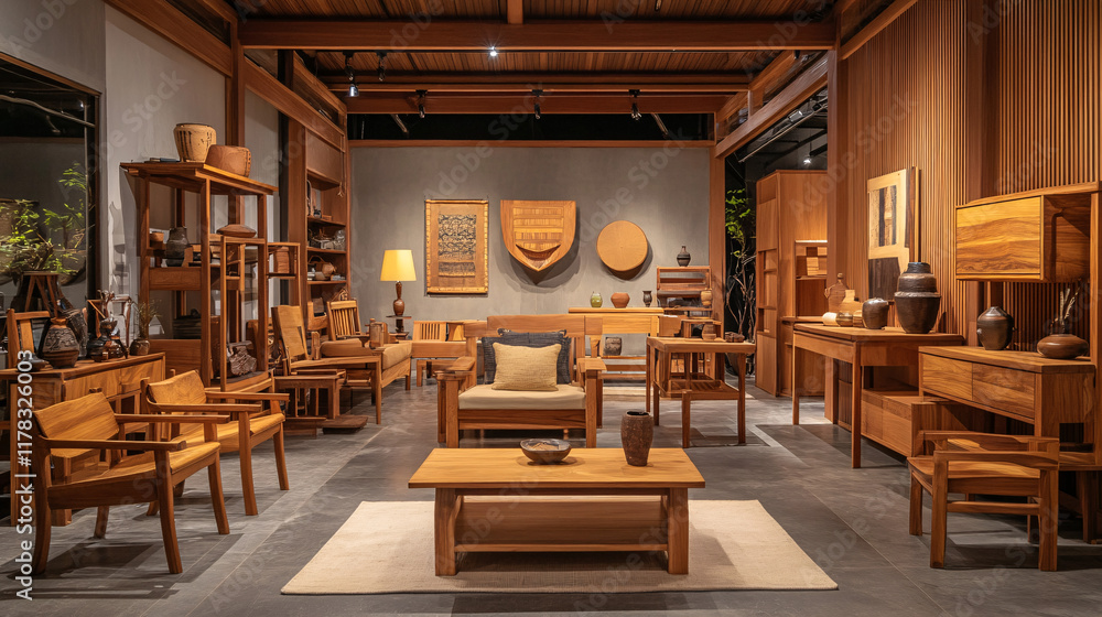 Poster a warm, inviting space filled with handmade furniture, showcasing unique designs and craftsmanship t